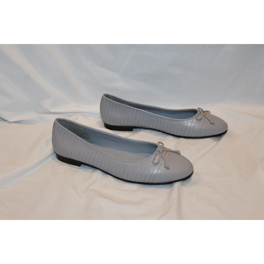TORY BURCH WOMEN'S CAP TOE QUILTED GOAT LEATHER BALLET FLATS BAY GRAY SZ 10
